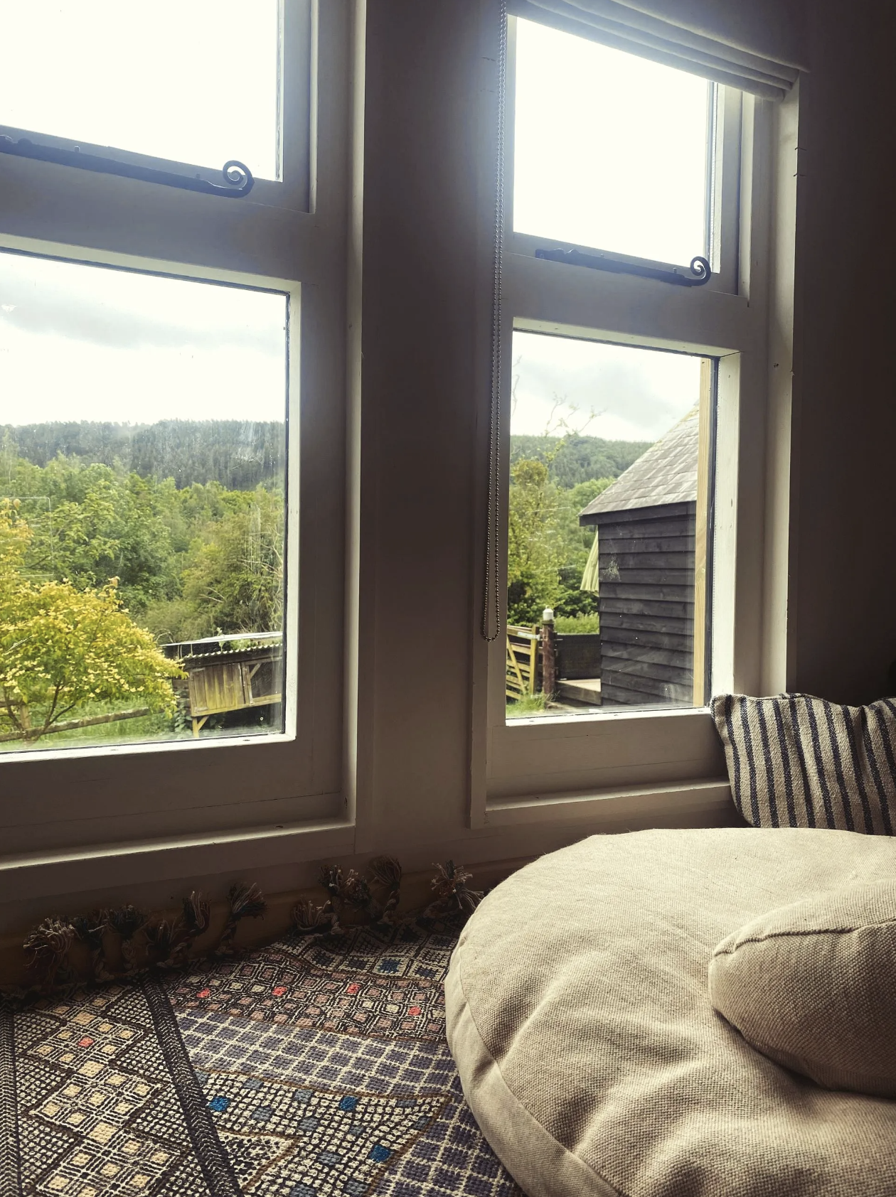 Interior view of a room with large windows showing green trees and a cloudy sky outside. A carpet with a geometric pattern is on the floor, and a beige cushion or small sofa is partially visible in the foreground.