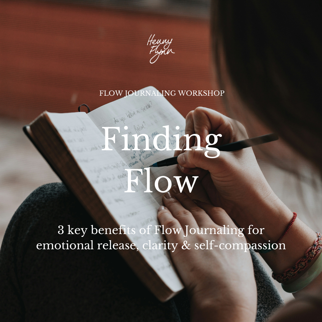 Person writing in a journal with a pen, promoting a flow journaling workshop called 'Finding Flow' by Henny Flynn.