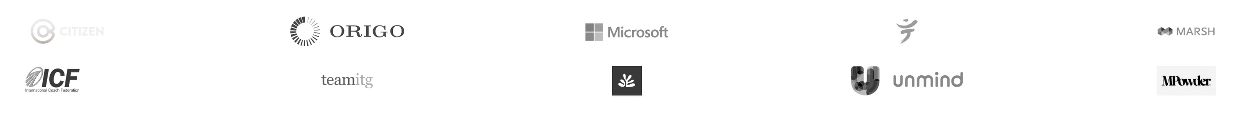 Collection of various corporate logos including CITIZEN, ORIGO, Microsoft, MARSH, ICF, teamitg, a plant logo, unmind, MPower, and others.
