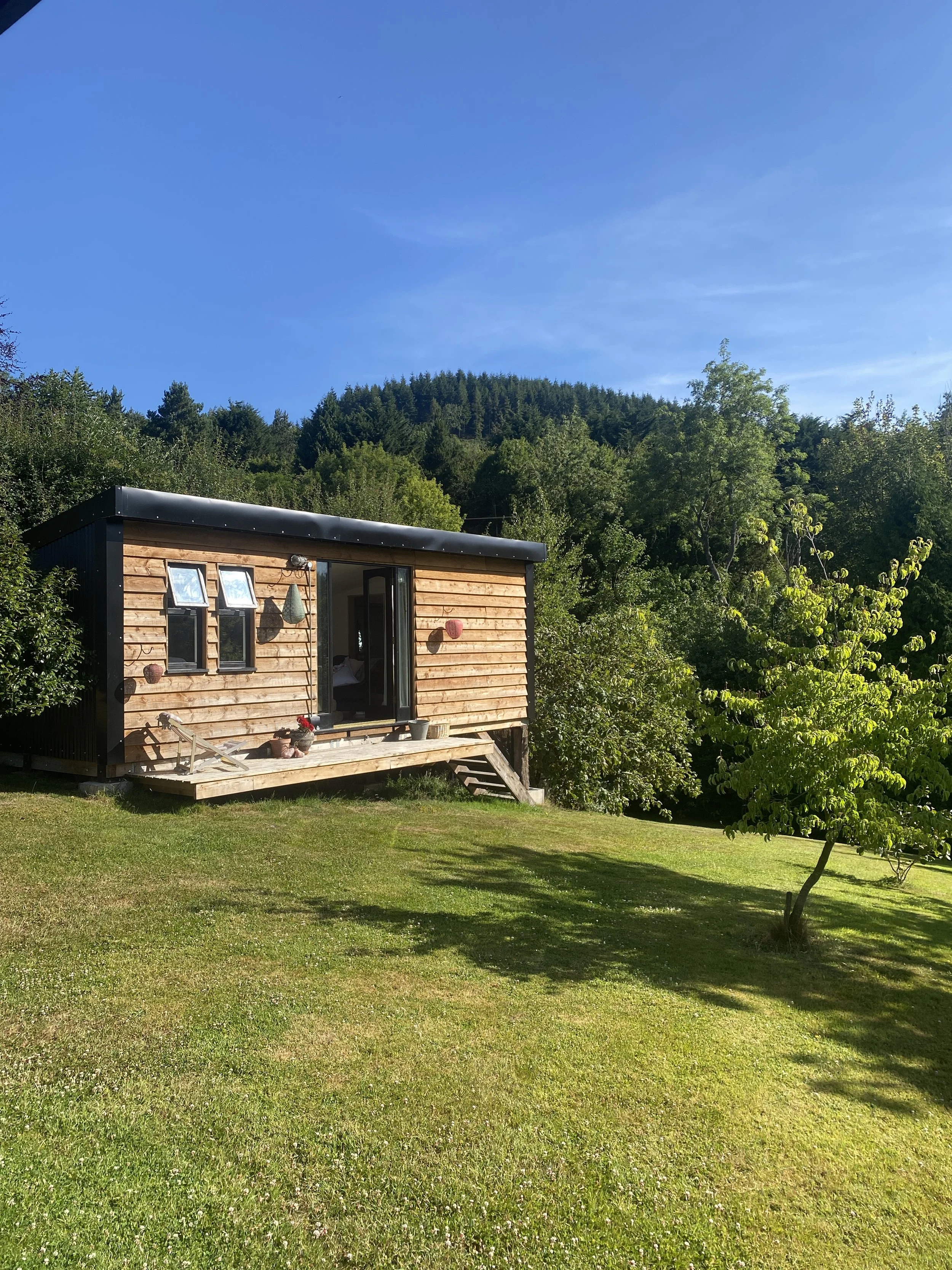 Small wooden cabin with a black roof, situated on a grassy lawn with trees in the background and a clear blue sky.