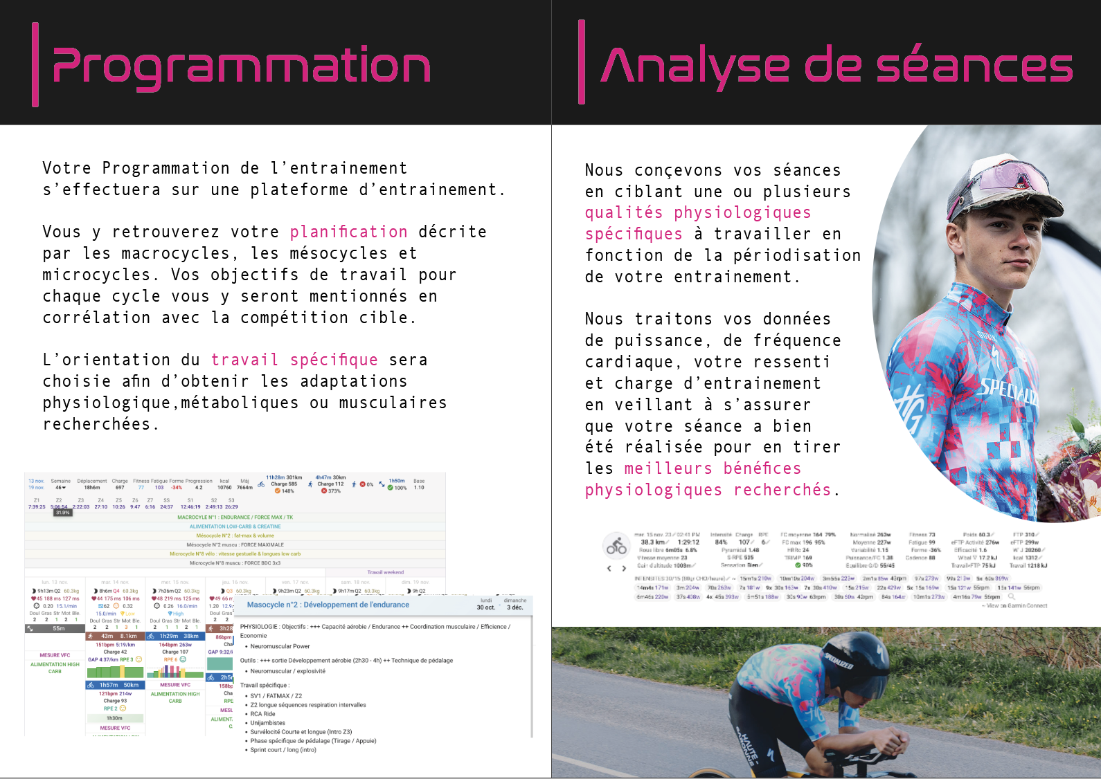 Page divisée en deux colonnes avec titres en rose : 'Programmation' d'un côté et 'Analyse de séances' de l'autre. La colonne de gauche explique la planification et une ébauche de programmation d'entraînement, avec un graphique détaillé. La colonne de droite décrit la conception des séances en fonction des qualités physiologiques à travailler, avec un graphique détaillé en bas. Inclut une image d'un jeune cycliste en tenue de course au style vibrant et une autre image de jeune cycliste avec un casque, prêt à s'élancer.