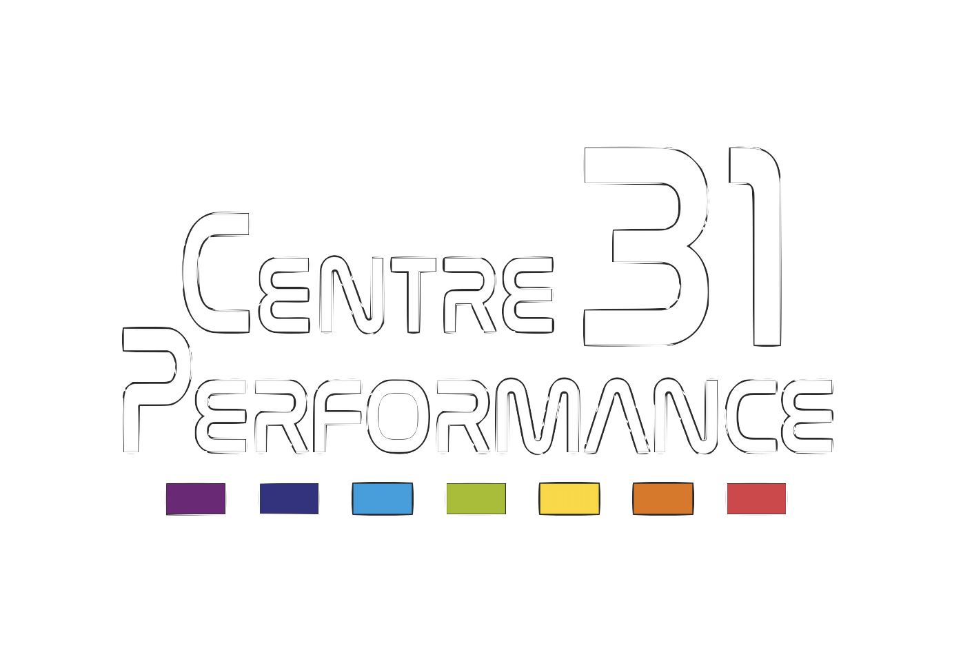 Logo avec le texte 'Centre 31 Performance' en blanc sur fond noir, accompagné de sept rectangles colorés en violet, bleu, cyan, vert, jaune, orange et rouge en dessous.