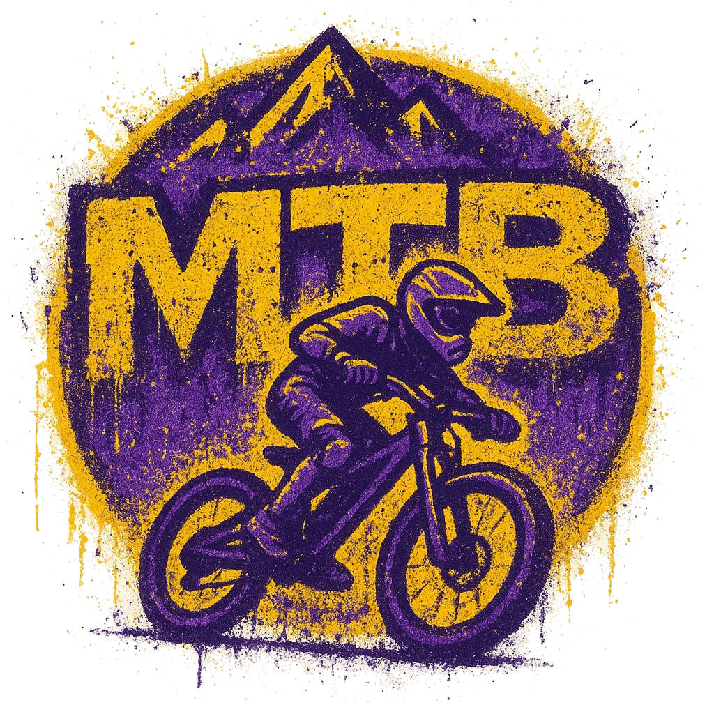 Logo de MTB avec un cycliste en VTT et une montagne en arrière-plan, en couleurs violettes et jaunes.