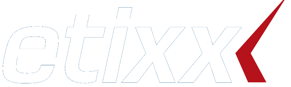 Logo de la marque 'etixx' en blanc avec une flèche rouge pointant vers la droite, sur fond noir.