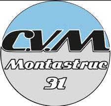 Logo circulaire avec fond bleu clair, texte 'CVM Montastruc 31' en noir et blanc