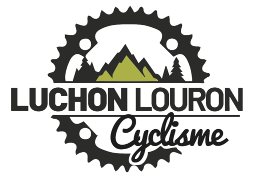 Logo du club de cyclisme Luchon Louron, avec un vélo stylisé, montagnes vertes en arrière-plan, et le texte en français.