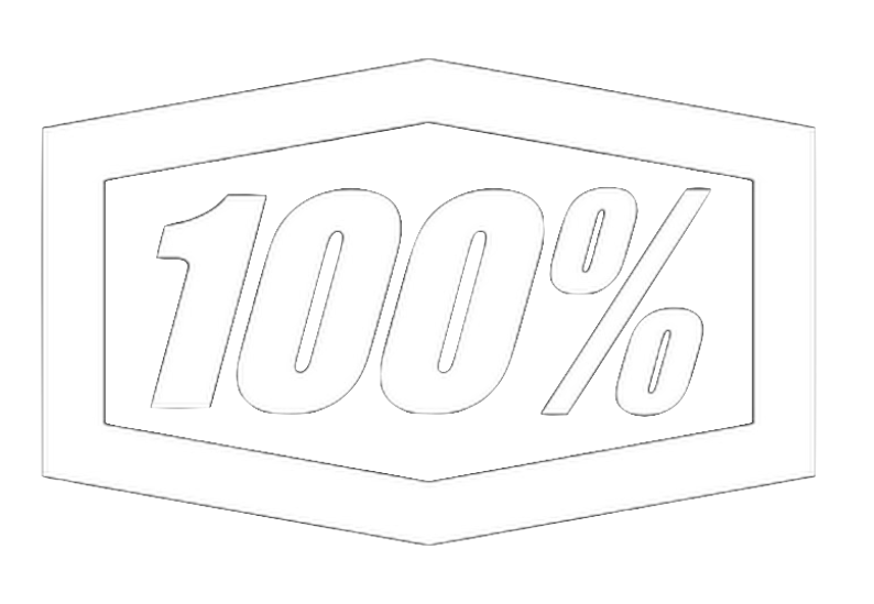 Logo avec texte blanc "100%" sur fond noir dans une forme hexagonale