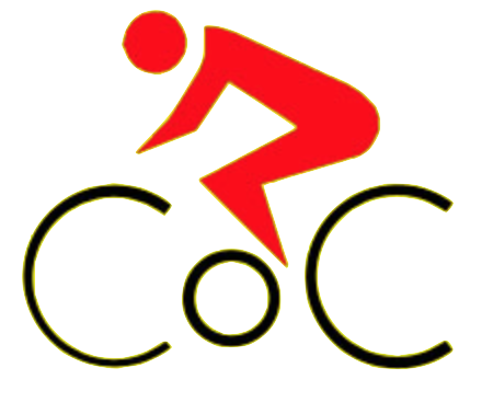 Logo avec une figure rouge qui semble courir au-dessus du texte 'Coc' avec un fond jaune