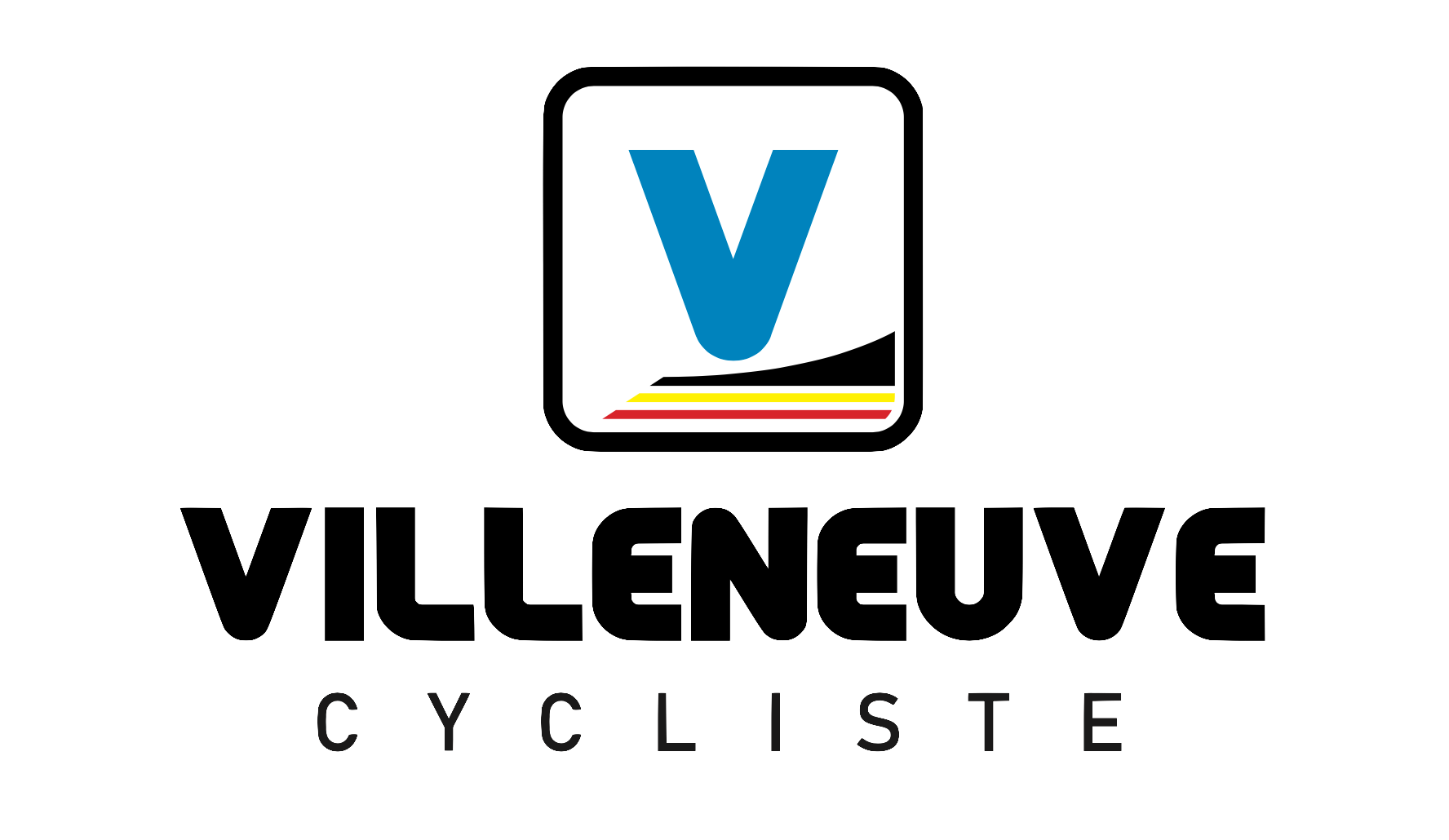 Logo de Ville Neuve Cycles, un cercle avec une lettre V bleue stylisée en haut, sur un fond blanc, avec des lignes jaunes, rouges et noires en bas, et le nom Ville Neuve Cycles écrit en dessous.