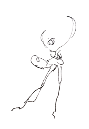 Dessin d'un personnage de dessin animé, probablement une figure féminine, en position de danse ou de saut avec un bras levé.