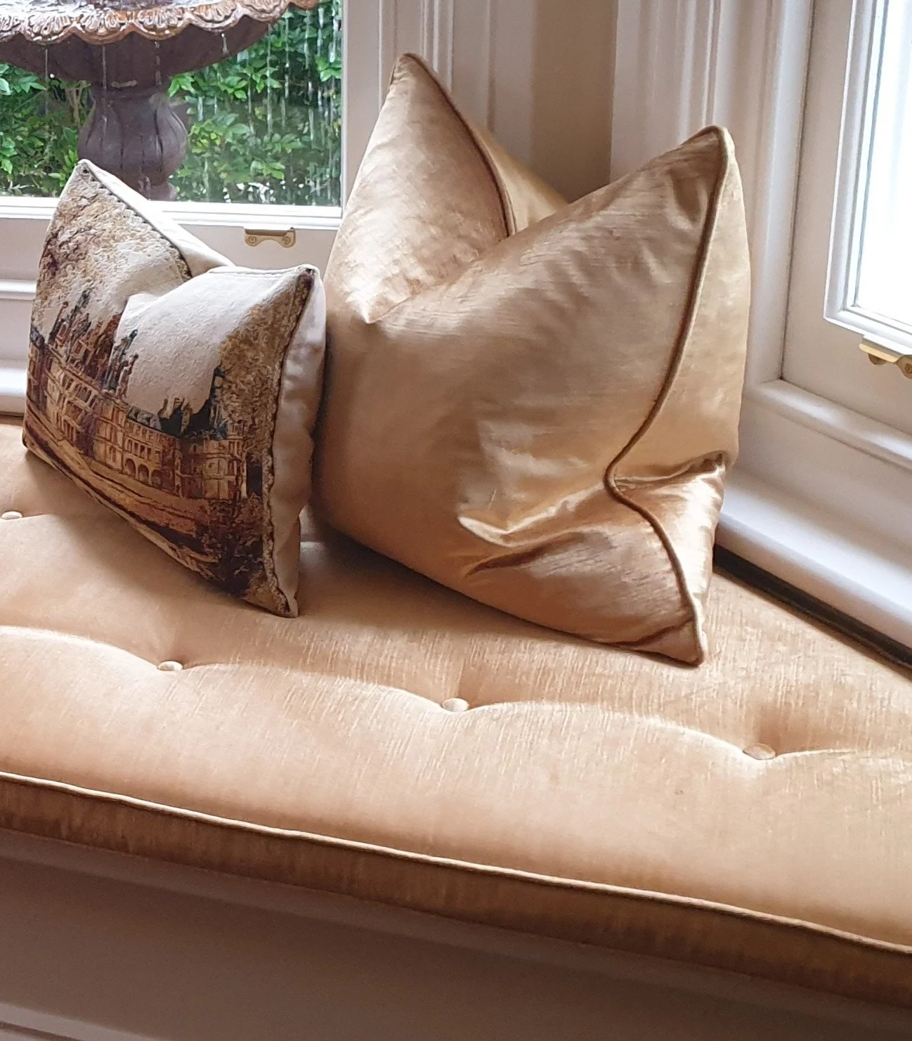 Custom gold silk cushions on a buttoned window seat cushion, made by Glorious Home Decor Perth