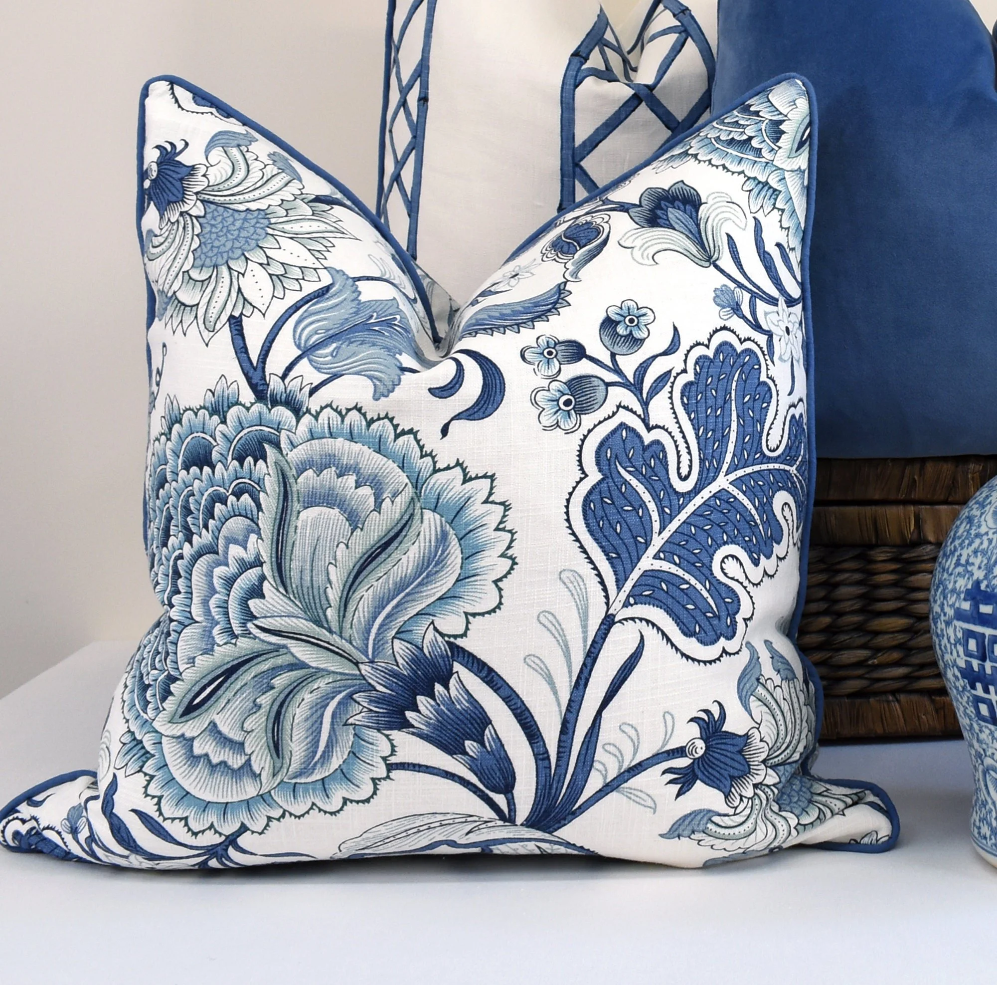 Hampton style blue floral classic cushion cover Jacobean floral pillow cover blue and off white coastal home decor