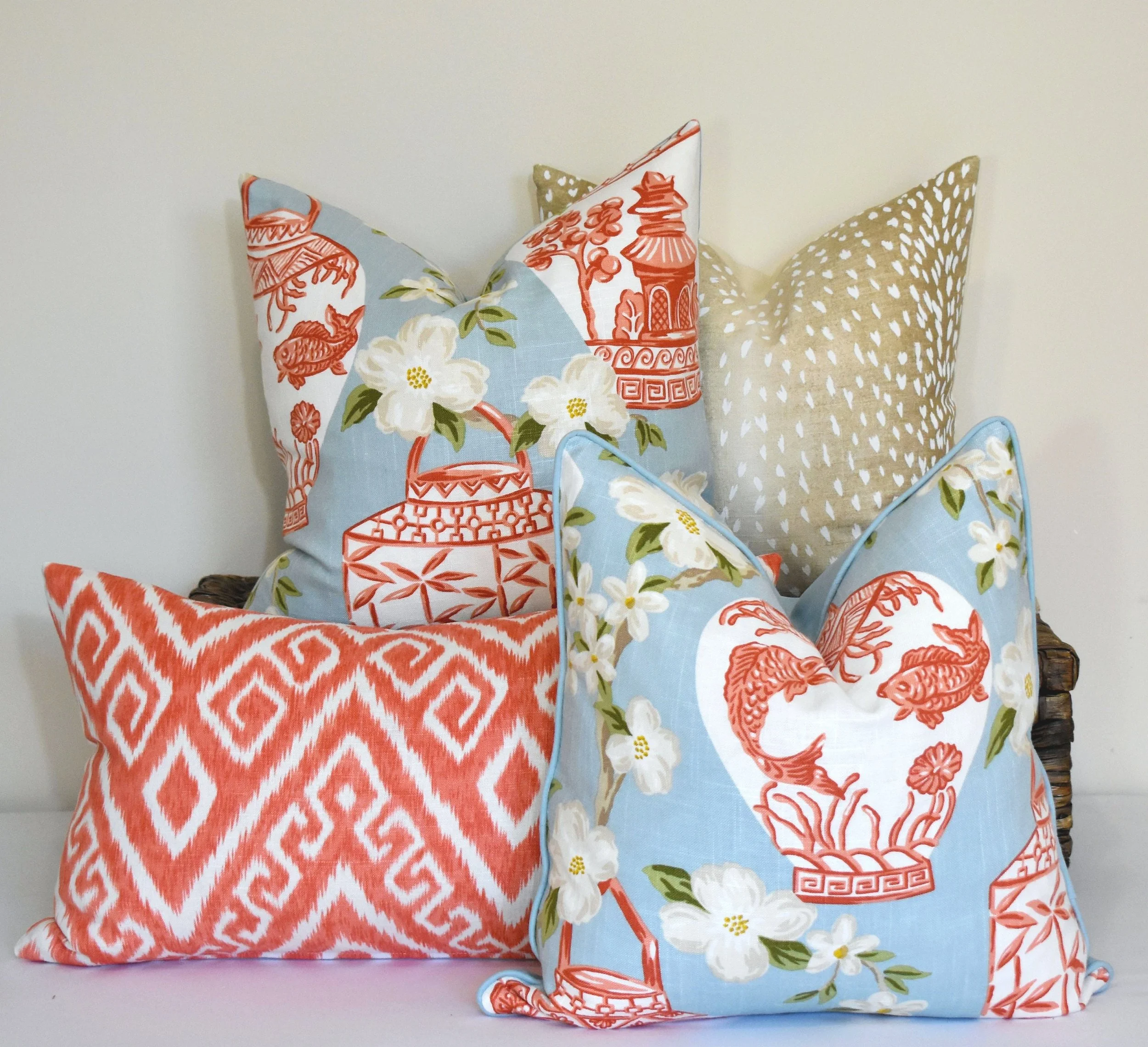 Sky blue and coral chinoiserie pillow cover asian toile lantern blossom cushion chinoiserie chic pagoda