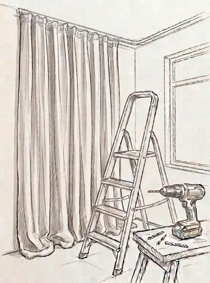 Sketch of curtains being installed with a step ladder and drill