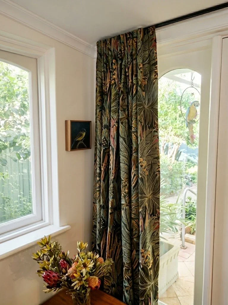 Botanical print pinch pleat curtain beside a French door, made by Glorious Home Decor Perth