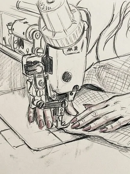 Sketch of hands guiding fabric through an industrial sewing machine