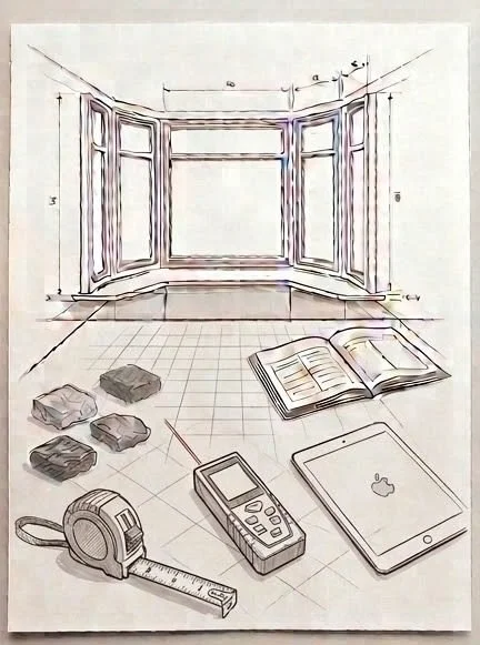 Sketch of a window being measured with a tape measure and samples