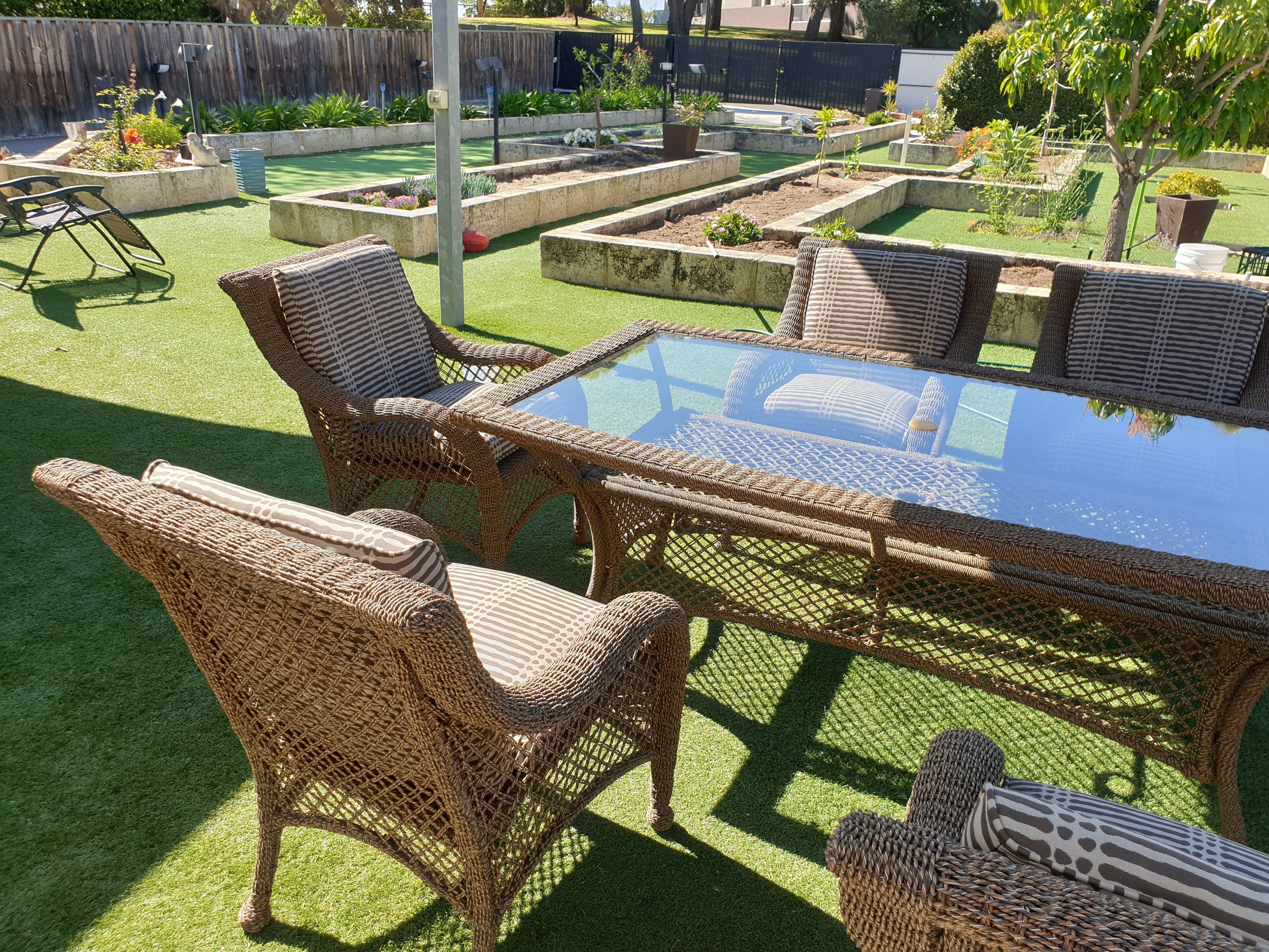 Custom outdoor cushions on alfresco wicker dining setting, Perth