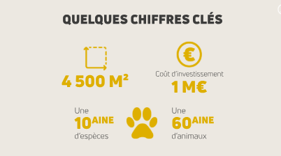 Infographie avec chiffres clés en jaune sur fond clair : 4500 m², 1 million d'euros d'investissement, 10 espèces, 60 animaux.