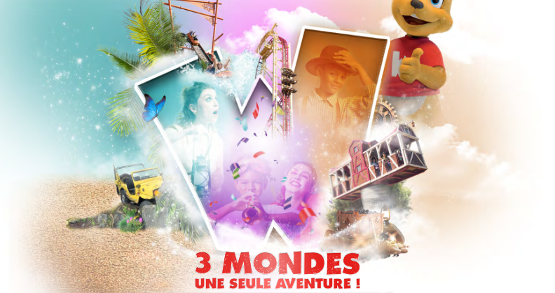 Une image colorée représentant trois mondes d'aventure avec des éléments d'eau, de jungle et un parc d'attractions, accompagnée de personnages amusants et d'activités ludiques, avec le texte "3 MONDES, UNE SEULE AVENTURE".