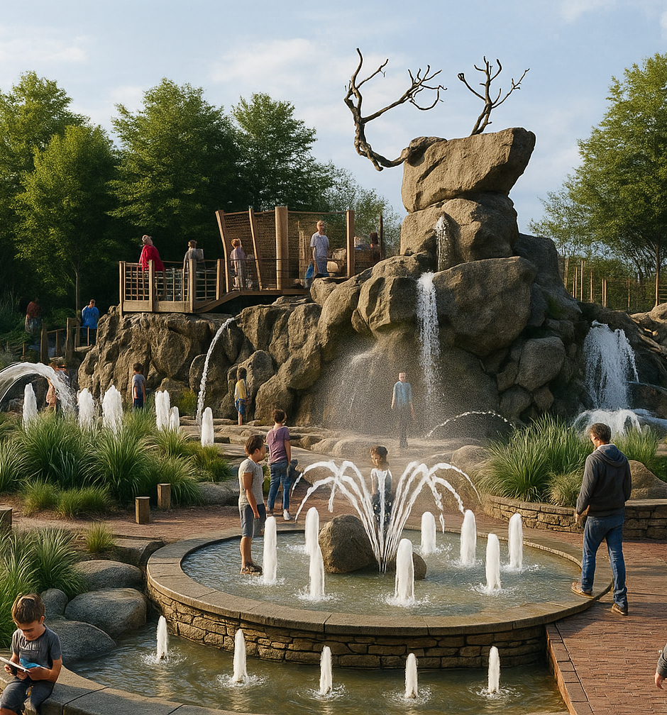 Parc avec une fontaine rocheuse et un arbre sculpté en haut, plusieurs personnes jouent dans l'eau ou se promènent, entouré de verdure et de sentiers en pierre.