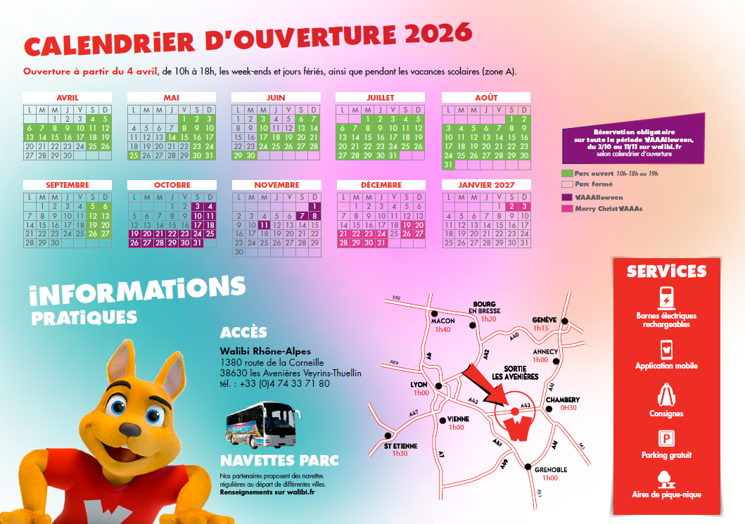 Calendrier d'ouverture 2026 avec mois de avril à janvier, informations pratiques, carte de localisation et services, fond turquoise avec image d'une mascotte jaune en haut à gauche.