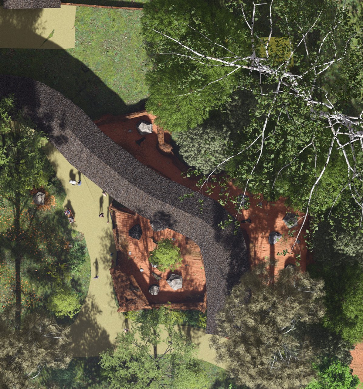 Vue aérienne d'un jardin avec un chemin sinueux, des arbres verts et des rochers.