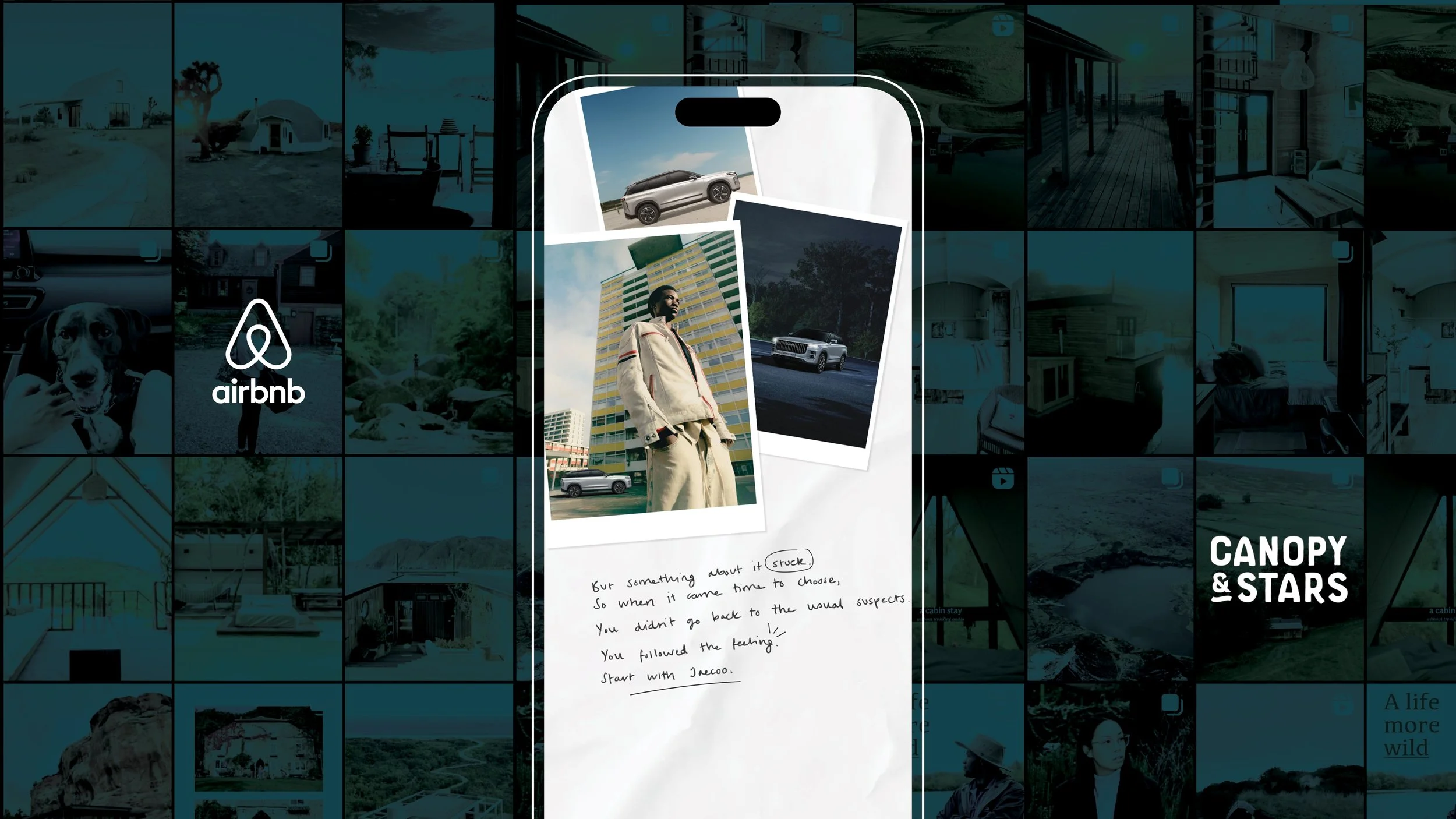 A collage featuring a white smartphone displaying photographs of a woman and cars, with a handwritten note, set against a dark background of various images of homes, landscapes, and pets, and the Airbnb logo with the text 'canopy & stars'.