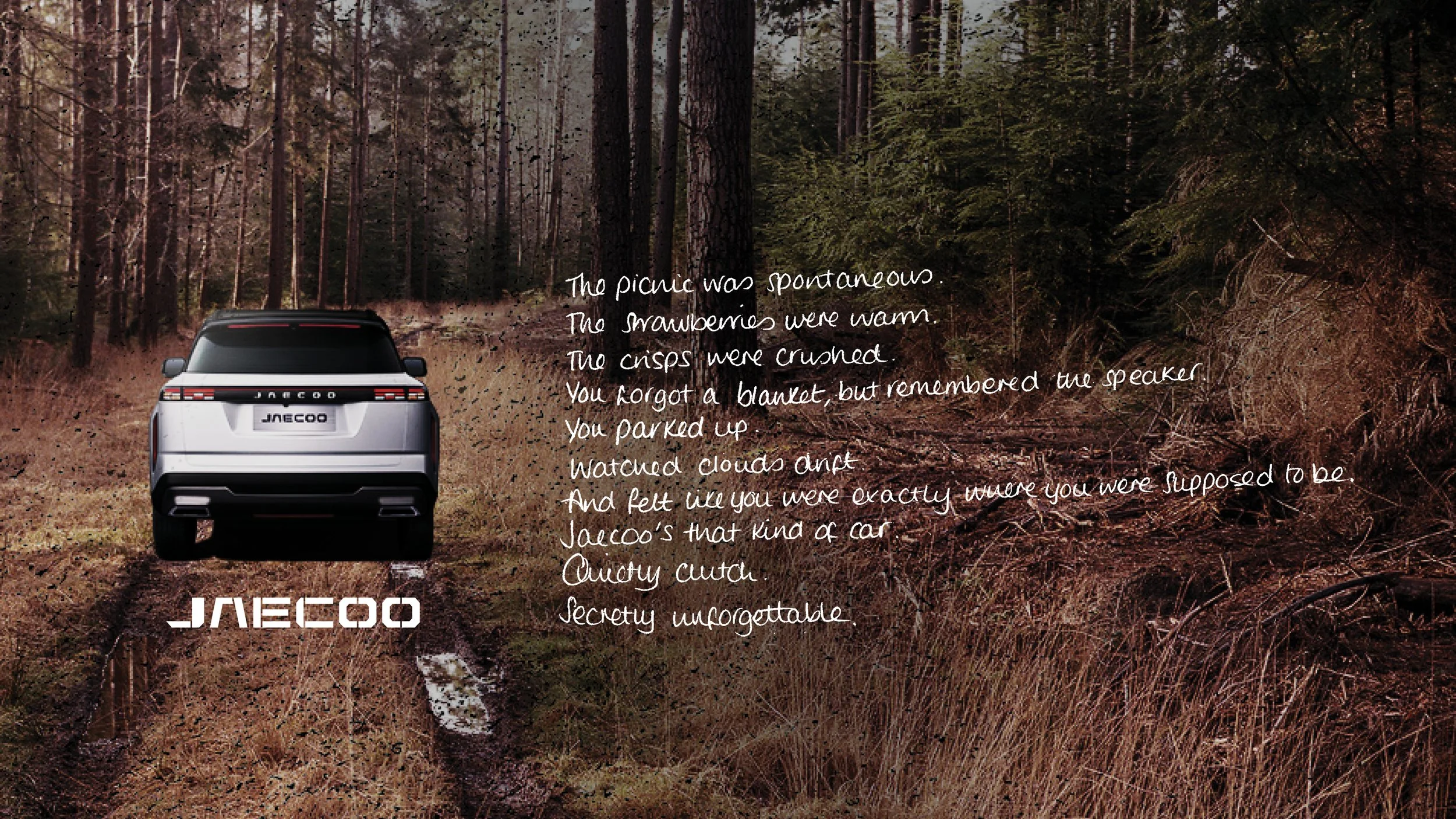 A car parked on a forest trail with dry grass and trees on both sides. There is handwritten text on the right side of the image describing a spontaneous picnic in the woods.