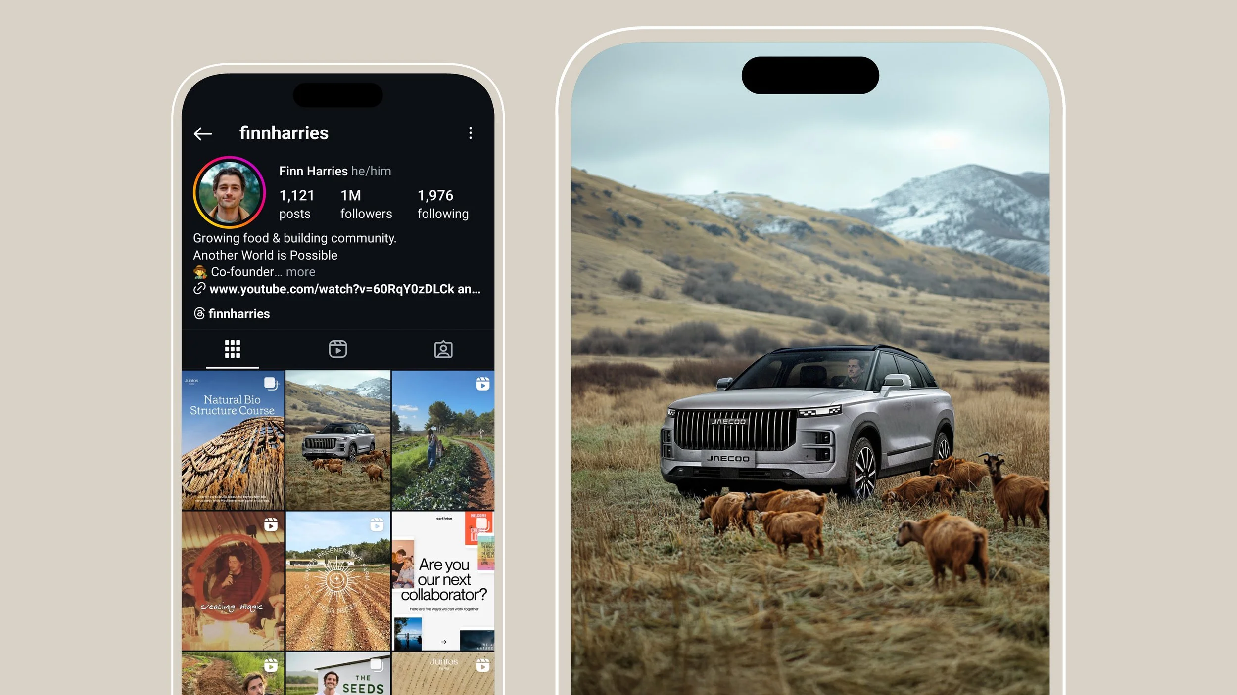Two smartphones with different screens, one showing a social media profile for Finn Harries, featuring profile picture, follower count, and posts, and the other displaying an outdoor scene with a gray vehicle surrounded by grazing goats in a grassy f