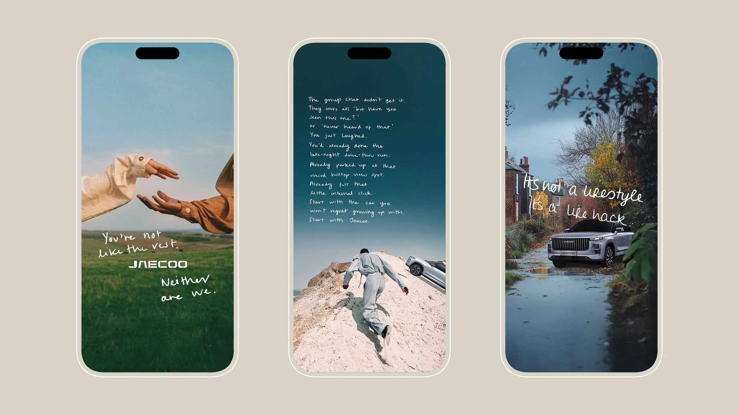Three smartphone screens displaying car advertisements with handwritten text and scenic backgrounds.