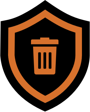 Shield with a rubbish bin can icon in the centre.