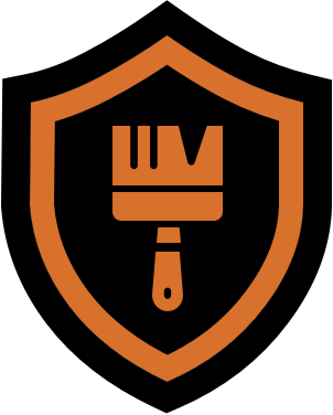 A shield-shaped logo with a paintbrush icon inside.