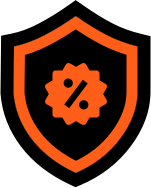 Shield with an orange border and a gear with a percentage sign inside