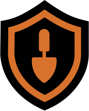 An orange shield with a trowel and spade inside, symbolizing protection.