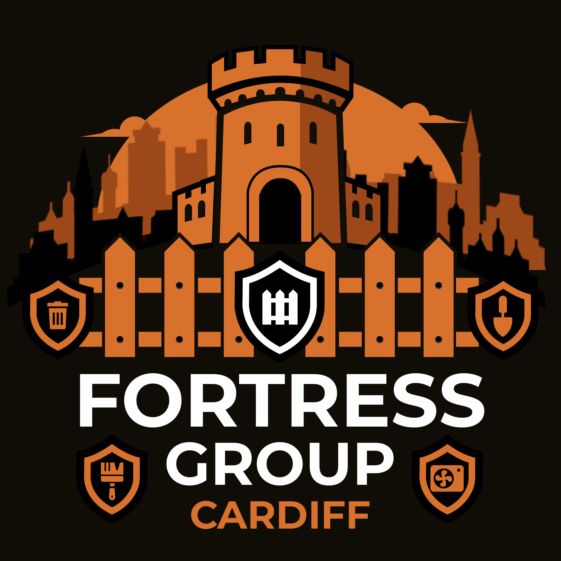 Graphic of a historic castle with a surrounding city skyline, overlaid with shield icons and text reading "Fortress Group Cardiff" in white and orange on a black background.