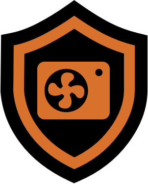A shield emblem with an air conditioning unit inside, featuring a fan and circuit elements.