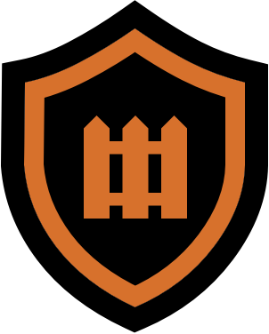 A shield emblem with a castle tower in the center, in orange and black colors.