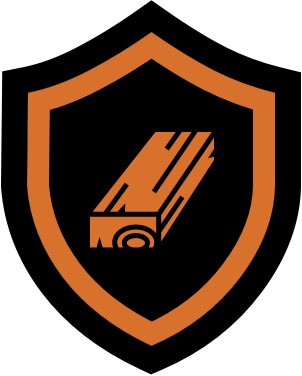 A shield with a brown outline containing a logging truck icon