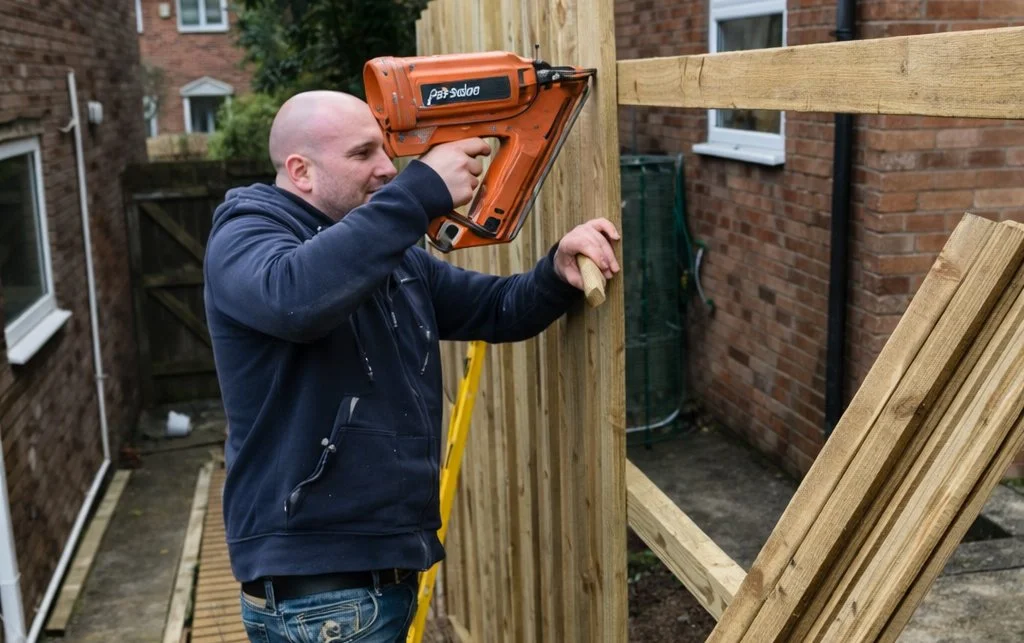 A man using a nail gun to construct a wooden fence in a backyard.