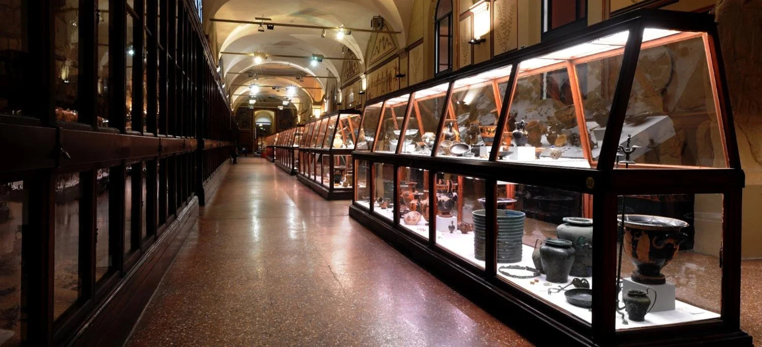 Museum exhibit with glass display cases filled with ancient pottery and artifacts in a museum corridor with arched ceiling