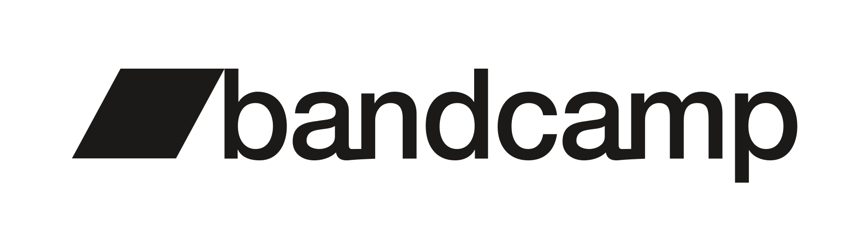 The black logo of bandcamp with a stylized parallelogram icon and the words 'bandcamp' in lowercase letters.