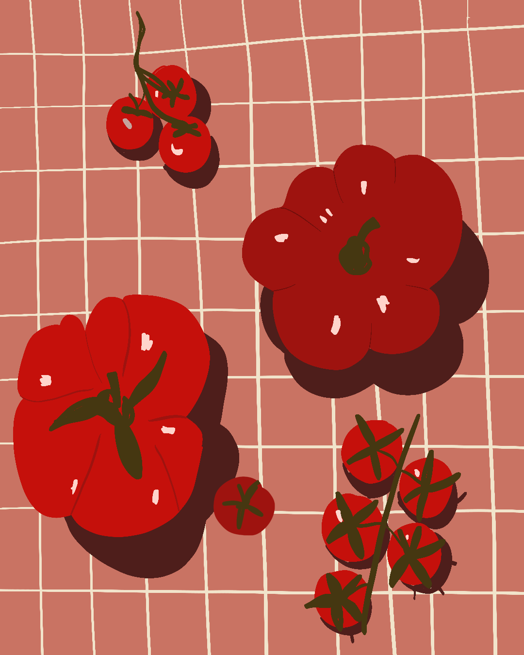 Illustration originale Chez Berni :  tomates cerises et tomates sur un fond de carrelage rose.