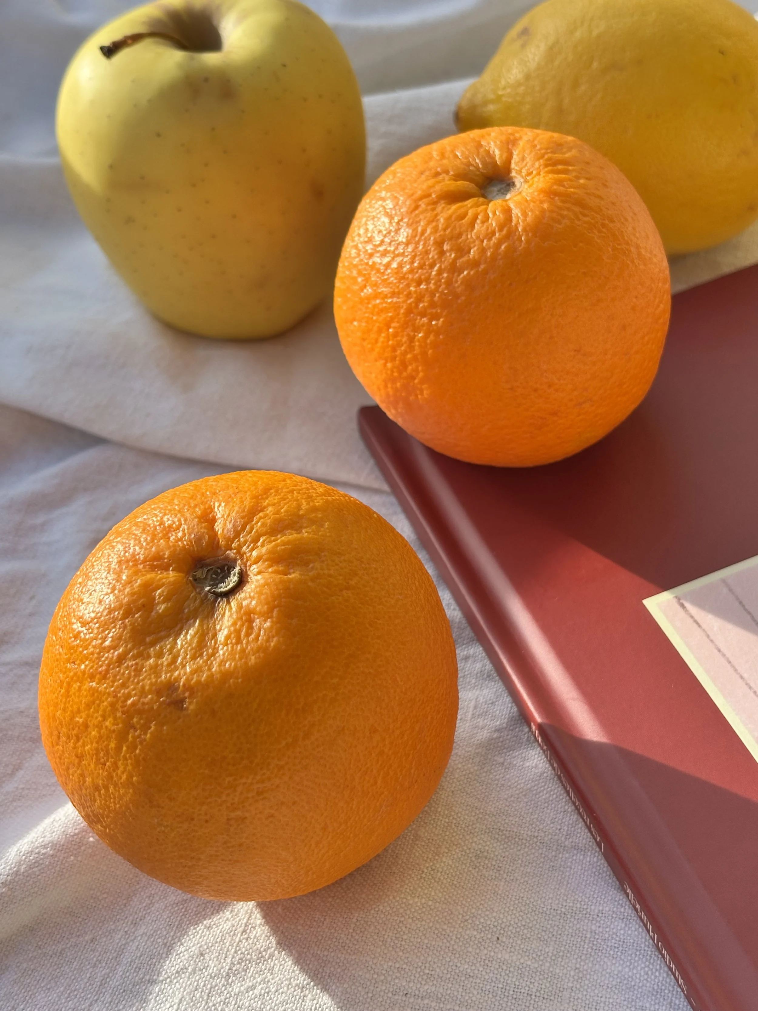 Une pomme verte, deux oranges et un citron sur une surface en tissu blanc avec un carnet rouge à côté.