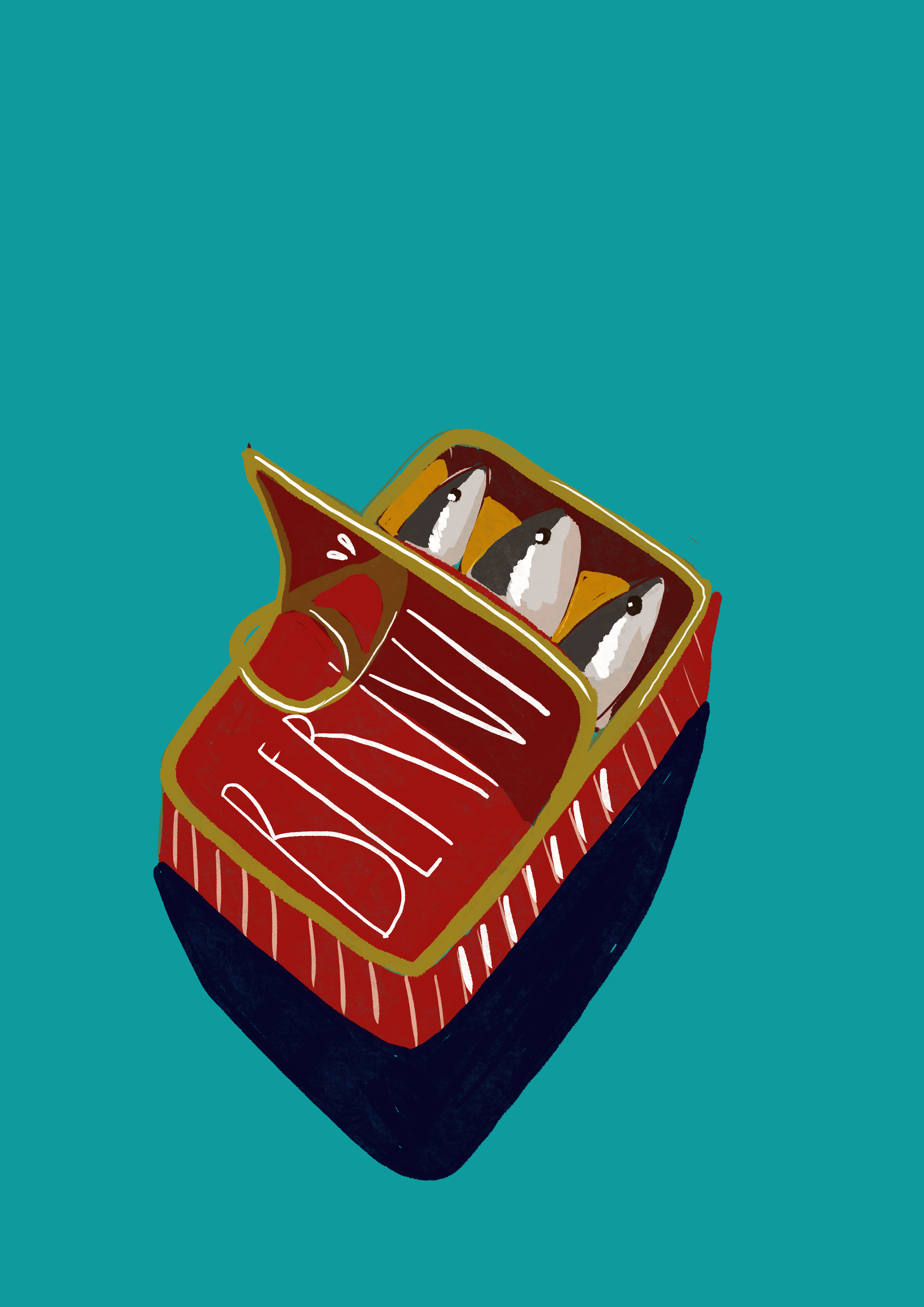 Une boîte de sardines ouverte contenant trois sardines, positionnée sur une table bleu canard.