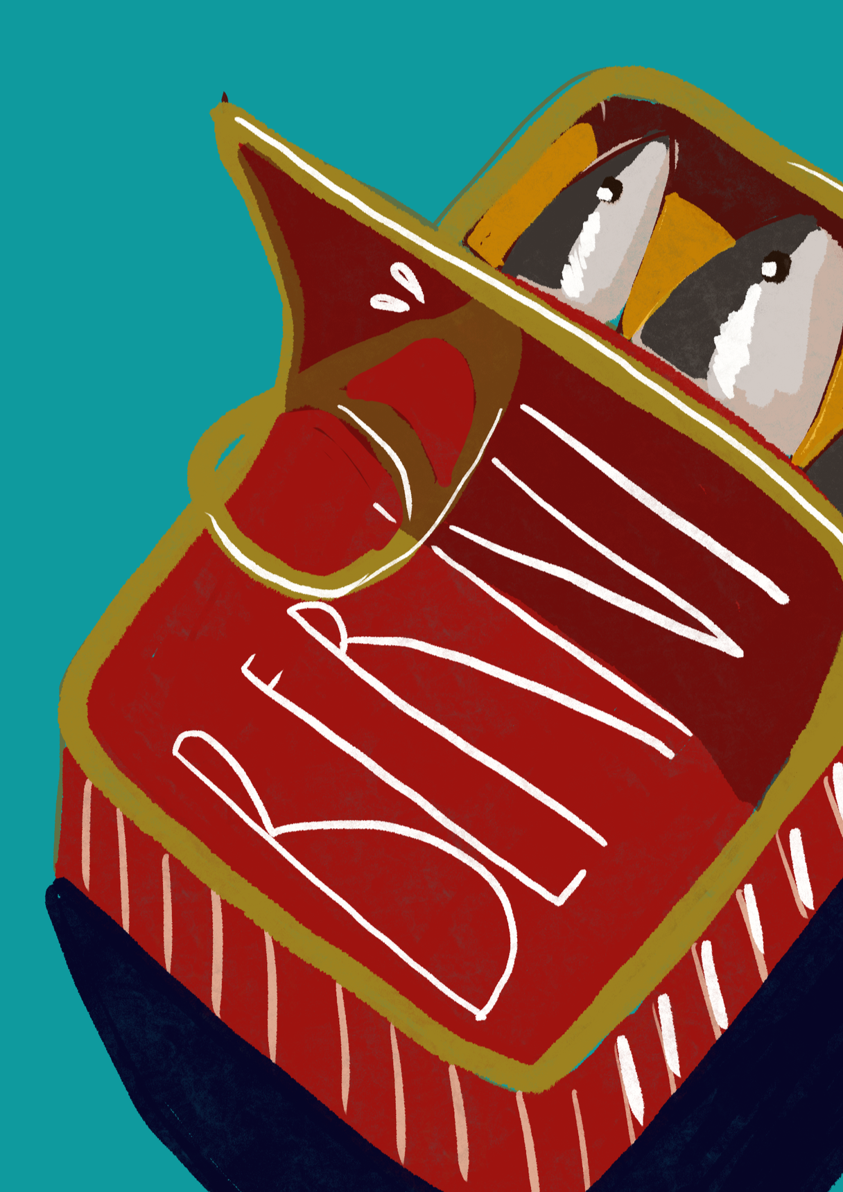 Illustration  originale Chez Berni : boite de sardine rouge sur fond bleu