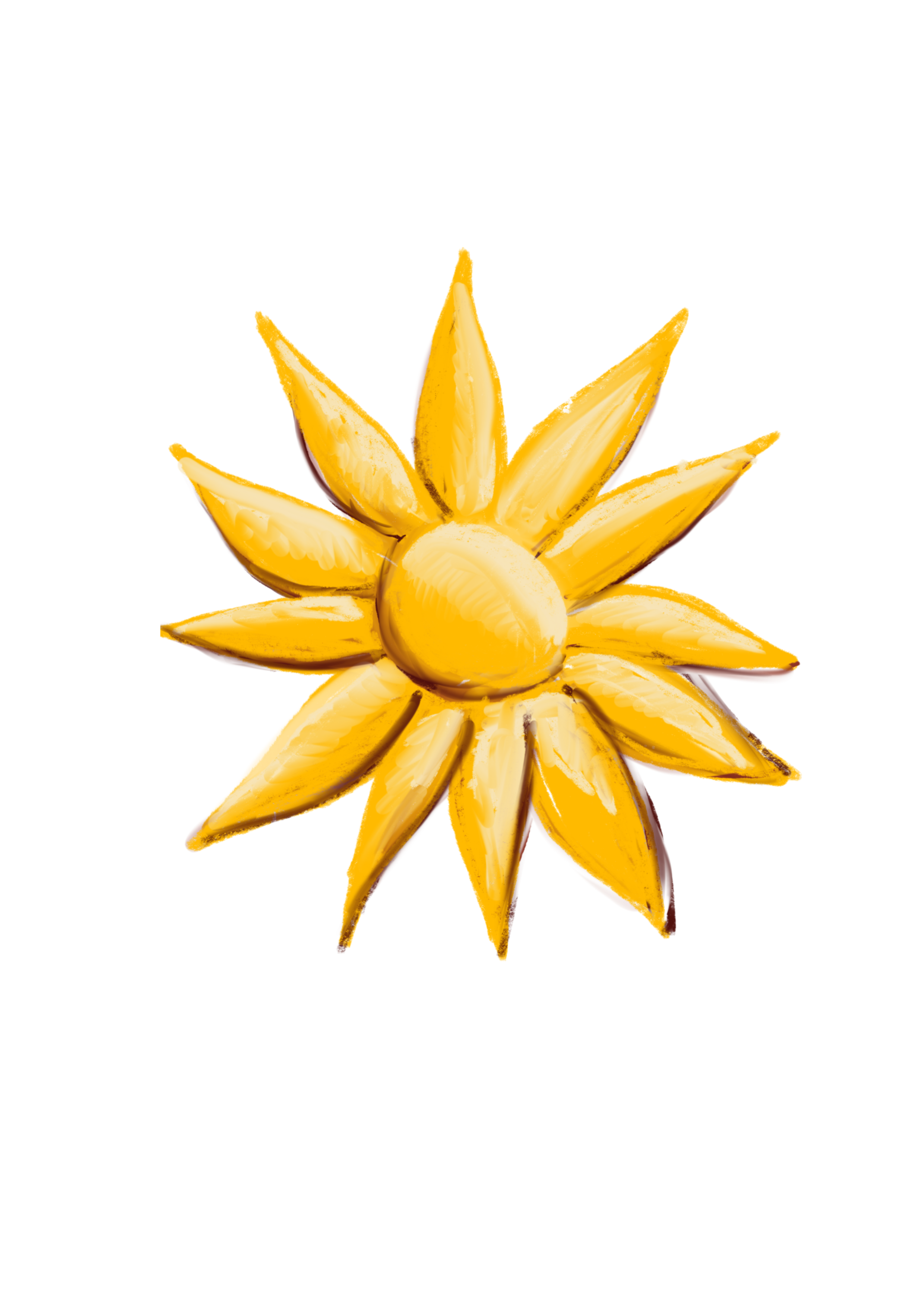 Illustration originale chez Berni : d'une fleur stylisée avec des pétales jaunes et une tige centrale circulaire, ressemblant à une explosion solaire ou un motif décoratif
