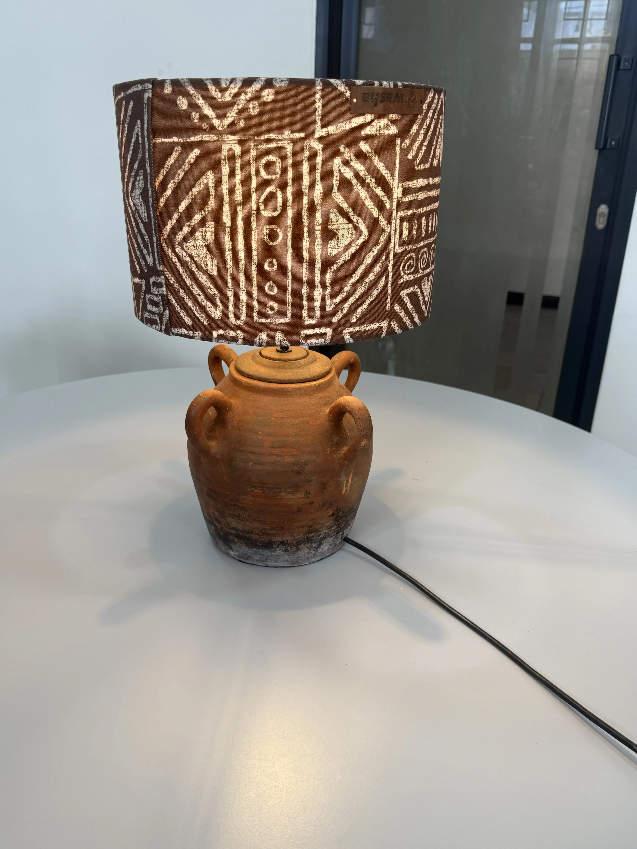 Rustic Terracotta Table Lamp with Tribal Pattern Shade