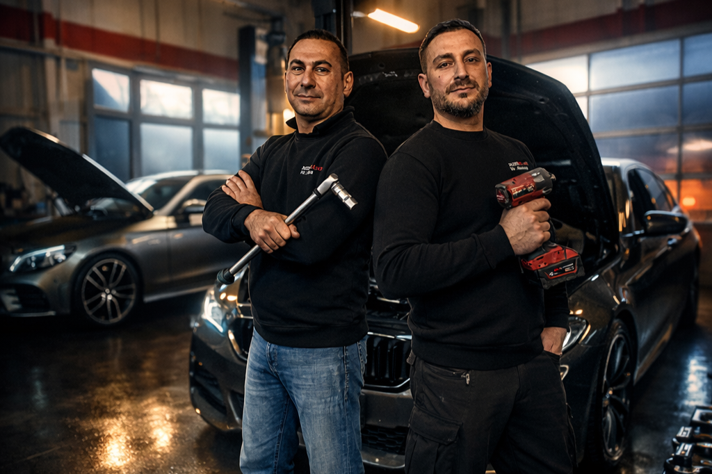 Zwei Männer in einer Autowerkstatt stehen vor einem schwarzen Auto mit geöffnetem Motorhaube, einer hält ein Werkzeug und der andere ein Elektrowerkzeug.