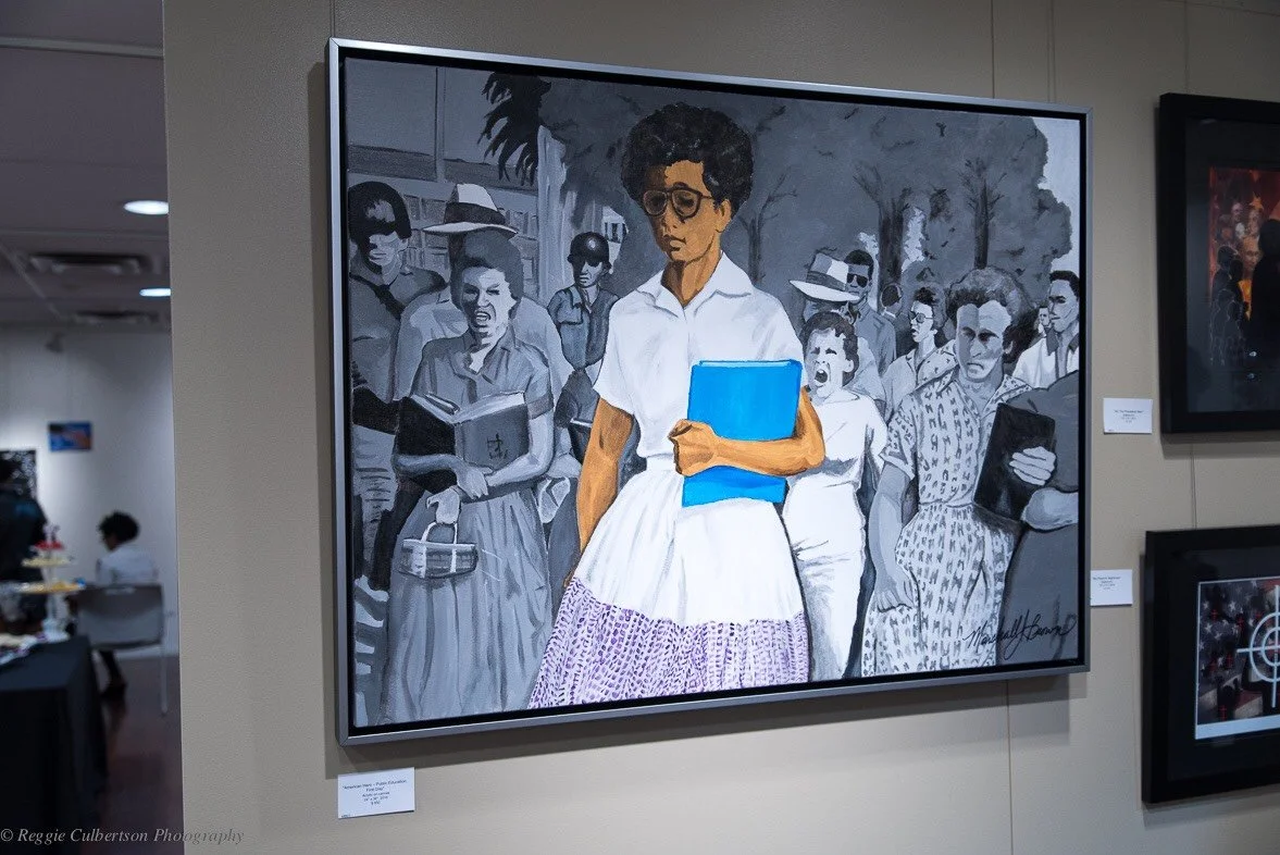 A painting of a woman walking through a crowd, holding a blue folder, with her head bowed; the scene is primarily black, white, and gray with the woman depicted in color.